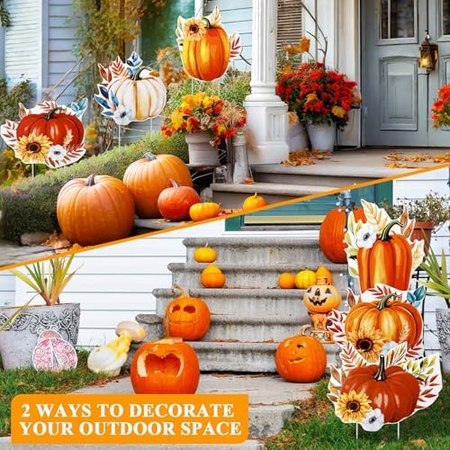 AceOrbit 6 Pcs Fall Pumpkin Outdoor Decorations Fall Yard Stakes Thanksgiving Yard Signs with Sunflower for Home Decor Plastic 3 Stacked Pumpkins Outside Garden Lawn Porch Decorations - Image 3