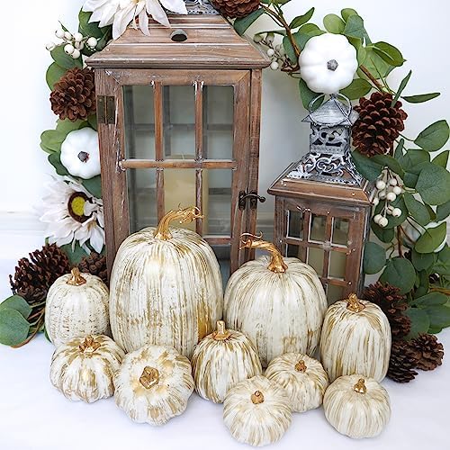 Winlyn 10 Pcs Assorted Fall Artificial Pumpkins - Gold & White Decorative Foam Pumpkins for Wedding, Thanksgiving, Halloween, Baby Shower, Tabletop, Centerpiece, Mantel Decor - Image 3