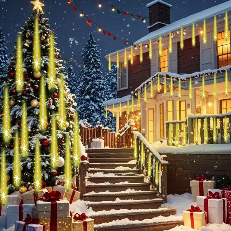 Weepong Christmas Lights Outdoor Falling Rain Meteor Shower Lights 12 inch 16 Tube 384 LED Snowfall Icicle Cascading String Light for Xmas Tree Christmas Decorations Holiday Garden, UL Plug,Warm White - Image 4