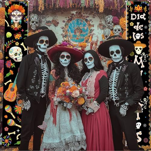 Dia De Los Muertos Porch Banner Sign Mexican Day of The Dead Door Decorations Sugar Skull Hanging Banner for Indoor Outdoor, 12 X 71 Inch - Image 6