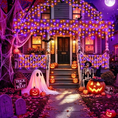 XURISEN Halloween Lights Outdoor, 66FT 640 LED Orange Purple Halloween String Lights with 120 Drops, 8 Modes Timer Memory Function Hanging Curtain Lights for Halloween Decorations Holiday Party Eaves - Image 6