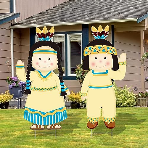 Thanksgiving Yard Signs Native American Boy and Girl Lawn Stakes Fall Weatherproof Outdoor Lawn Garden Decoration Party Supplies 6 Pieces Up to 73.5 cm / 29 in.​ - Image 4