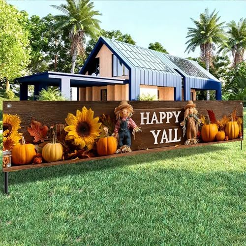 BlissYard Happy Y'all Decorations Banner Fall Outdoor Porch sign Scarecrows Pumpkins Sunflowers Leaves for Indoor Outdoor Garden Fence Banner Party Supplies 118x20 Inch Polyester Fabric - Image 6