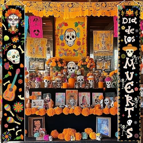 Dia De Los Muertos Porch Banner Sign Mexican Day of The Dead Door Decorations Sugar Skull Hanging Banner for Indoor Outdoor, 12 X 71 Inch - Image 7