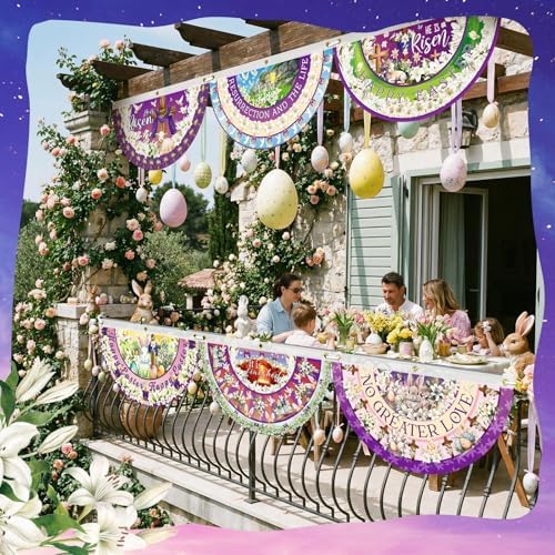 6 Pcs Easter Bunting Flag He Is Risen Bunting Banner Happy Easter Garden Fan Flag Bunny Religious Cross Decoration for Holiday Indoor Outdoor Yard Porch Decor, 1.5 x 3 ft - Image 4