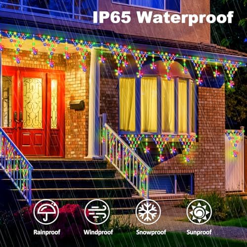 Christmas Outdoor String Lights Waterproof, 218 LED 13.8FT Star Curtain Fairy Lights with 11 Drops Connectable Clear Wire Christmas Light Decorations 8 Modes for Eaves Yard Wedding Party Holiday Decor - Image 4