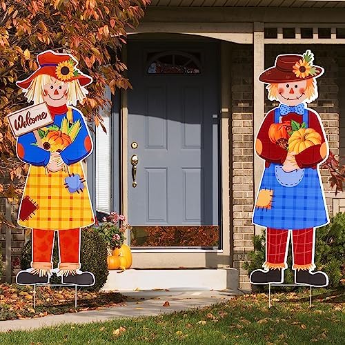 Sintuff 4 Pcs 31.5 x 11 Inch Fall Yard Signs Fall Outdoor Decorations Thanksgiving Scarecrow Yard Signs with Stakes Thanksgiving Garden Scarecrows for Outdoor Lawn Garden Autumn Welcome Decorations - Image 3