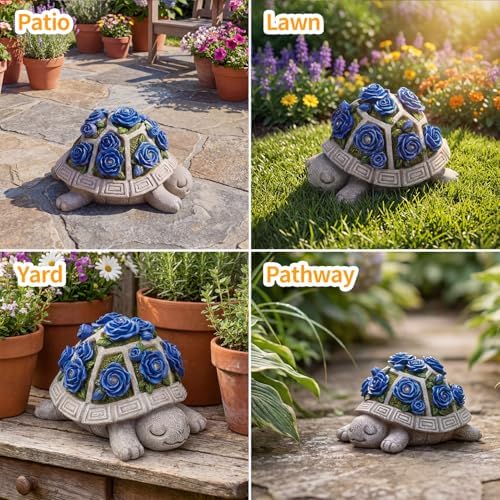 Solar Garden Outdoor Decor Turtle Statue with Dark Blue Roses & 7 LED Lights – Outside Tortoise Decor for Yard Patio Balcony & Backyard - Home House Decoration Art- Gift for Women Mom & Grandma - Image 5