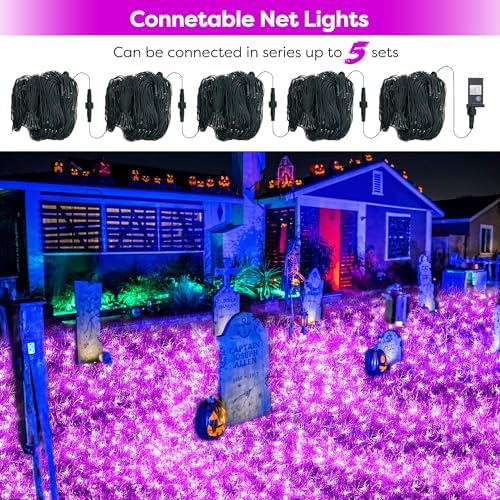 WBao Halloween Lights Outdoor 200LED 8.4ft x 5.2ft Purple Net Lights with 8 Modes, Timer, UL Certified, Connectable, Waterproof & Dark Green Wire for Lawn, Bushes, Trees, Outdoor Halloween Decorations - Image 4