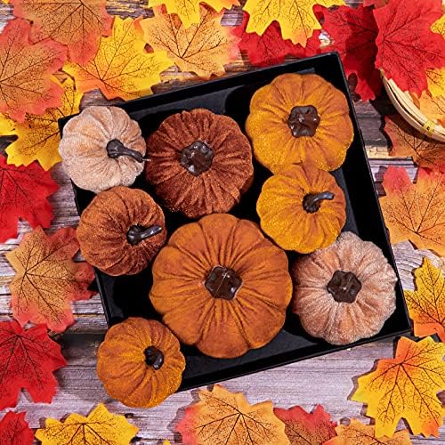 Whaline 12Pcs Fall Faux Velvet Pumpkins Thanksgiving Harvest Artificial Fake Pumpkin Rustic Assorted Sizes Orange Brown Khaki Small Foam Pumpkins for Fall Wedding Party Home Table Decor - Image 4