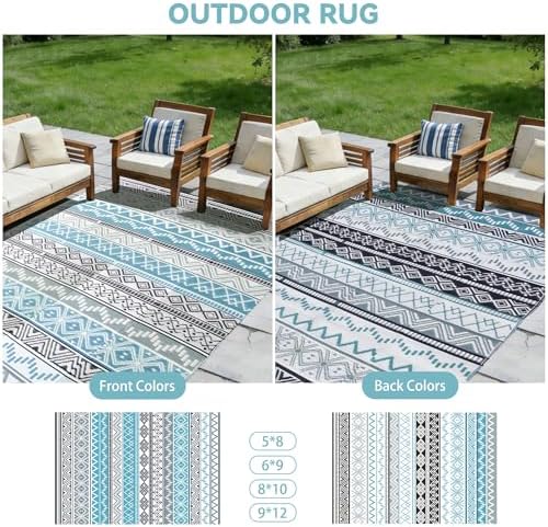 Outdoor Rug 9 x12 ft, Plastic Rug for Patio, Blue & Grey - Image 2