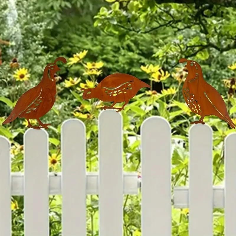 3 Pack Rusty Quail Family Decorative Garden Stakes, Metal Birds Statues Garden Sculptures and Yard Art, Patio, Lawn Ornaments Decor(Brown) - Image 3