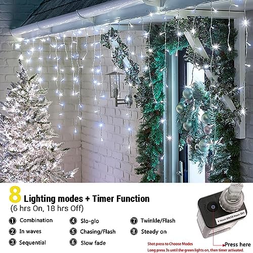 Toodour Christmas Icicle Lights Outdoor, 1224 LED 100ft 8 Modes Fairy Icicle String Light with 204 Drops, Led Christmas Lights Twinkle for Holiday, Party, Wedding, Eaves, Xmas Decorations (White) - Image 4