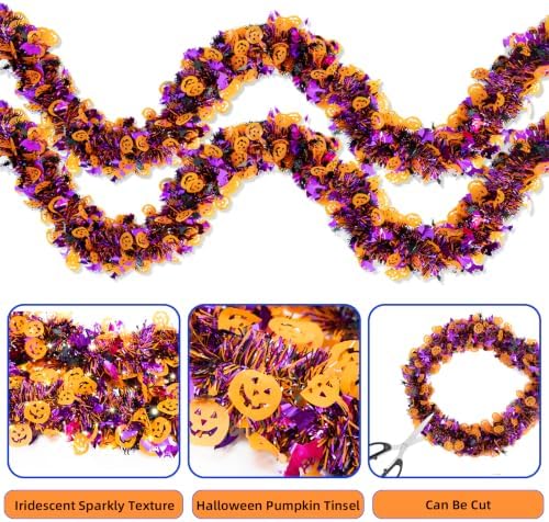50FT Halloween Garland with Pumpkin Spider Bat - Shiny Tinsel Garland for Mantle, Tree, Doorway, Indoor & Outdoor Halloween Party Decorations - Image 4