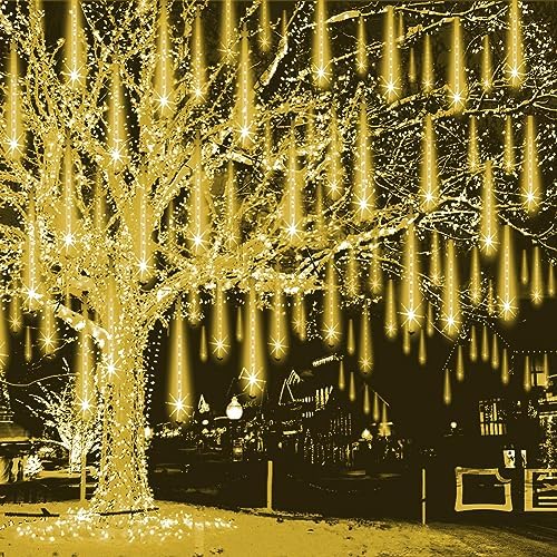 Weepong Christmas Lights Outdoor Falling Rain Meteor Shower Lights 12 inch 8 Tube 192 LED Snowfall Icicle Cascading String Light for Xmas Tree Christmas Decorations Holiday Garden, UL Plug,Warm White by Weepong