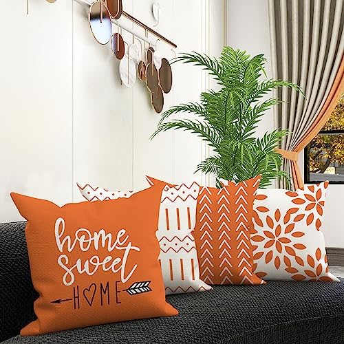 YCOLL Fall Pillow Covers 22x22 Set of 4, Modern Sofa Throw Pillow Cover for Fall Decor, Decorative Outdoor Linen Fabric Pillow Case for Couch Bed Car, Orange - Image 3