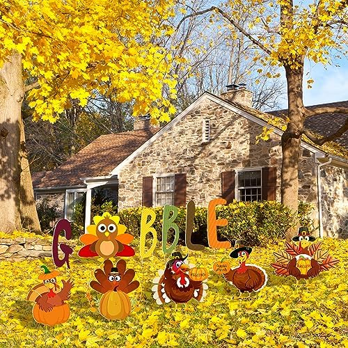 Quera 11 Pcs Thanksgiving Yard Signs Gobble Turkey Outdoor Lawn Thanksgiving Decorations Outside Decoration Pumpkins Yard Stakes for Fall Party - Image 4