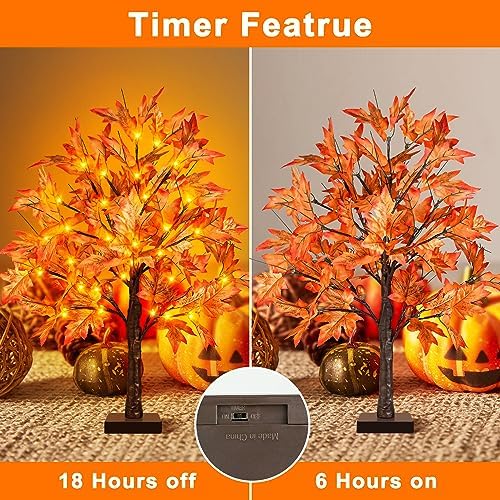Remon 36 LED Lighted Fall Maple Tree - 2FT Thanksgiving Tabletop Lamp Decor with 72 Maple Leaves, 6 Acorns, Timer, Burlap Base, Battery Operated 24 Inch Fall Artificial Tree for Autumn Decorations - Image 2