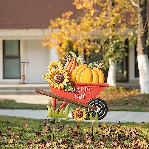 Glitzhome 30" H Fall Metal Wheel Barrow Pumpkin Yard Stake/Hanging Wall Decor,Pumpkin Wagon Cart with Happy Fall Signs,Fall Harvest Porch Decorations for Thanksgiving Autumn Halloween Party Supplies by Glitzhome