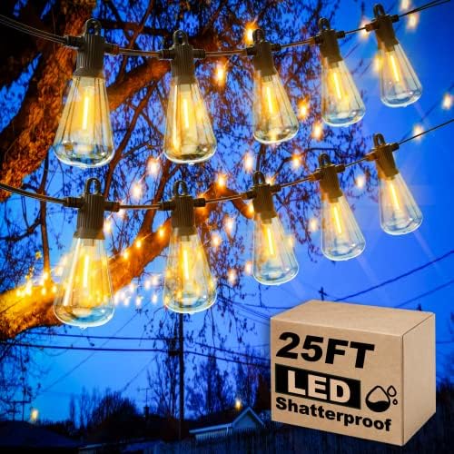 Zuske 25ft Outdoor String Lights, LED Patio Hanging With 12 Shatterproof Bulbs, Waterproof ETL Listed Bistro for Backyard Garden Cafe by Zuske