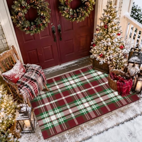 Moucuny Christmas Red Green White Brown Plaid Outdoor Rug 3' X 5' Doormat - Image 6