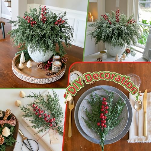 Cedar Stems Artificial Norfolk Pine Branches for Christmas Decor, 12 PCS Fake Pine Stems with 3 PCS Red Berries Branches Realistic Fake Plants Faux Greenery for Vases DIY Garland Xmas Table Indoor - Image 4
