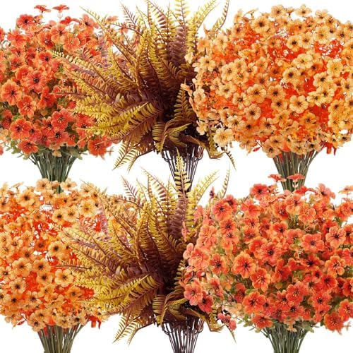 20 Pcs Artificial Fall Flowers for Outdoors Fake Mums, Mixed Orange by Besteek