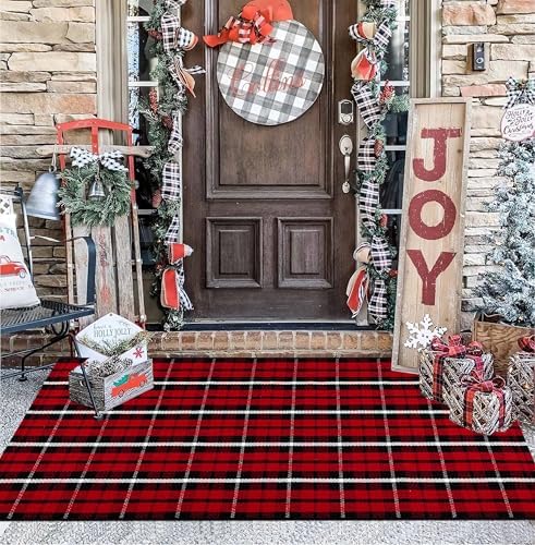 Christmas Outdoor Rugs 24 x 51''Black Red Buffalo Plaid Front Porch Rug Hand-Woven Machine Washable Indoor/Outdoor Layered Door Mats for Entryway/Bedroom/Outdoor - Image 6