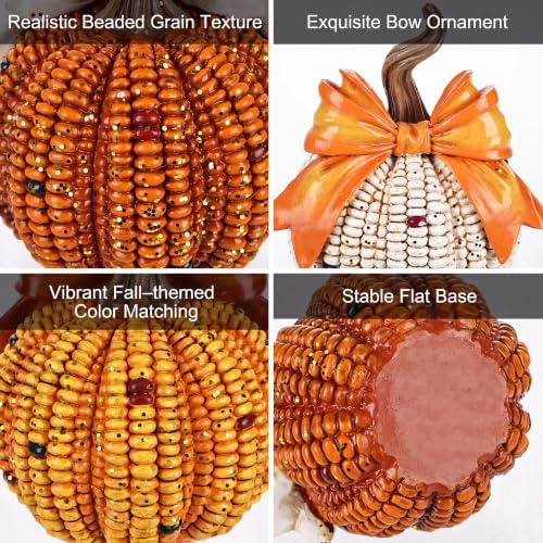 Briful 3-Piece Resin Corn Pumpkin Set with Bows Fall Decor - Image 3