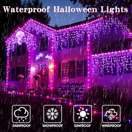 YiYLunneo Halloween Icicle Lights Outdoor, 512 LED 46.5 FT 8 Lighting Modes with Timer & Memory, Curtain Fairy String Lights with 96 Drops for Halloween Decorations Holiday Party Eaves Yard (Purple) - Image 3