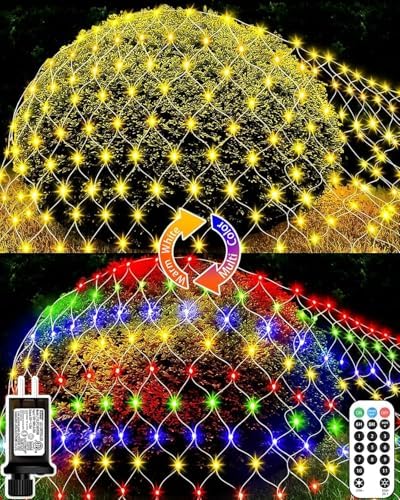 Color Change Christmas Net Lights, 9.8ft x 6.6ft 200 LED Bush Mesh with 11 Modes & Remote, Waterproof for Home, Holiday, Garden, Xmas Decor, Warm White & Multicolor by MIQIA