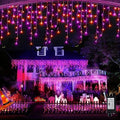 JXLEDAYY 65 FT 640 LED Halloween Lights Outdoor Decorations Clear Wire String Lights Plug in 120 Drops 8 Modes Memory Timer Curtain Fairy Lights Waterproof for Holiday Wedding Party-Orange and Purple by JXLEDAYY