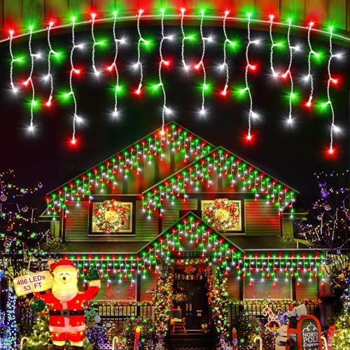 Christmas Lights Outdoor, 53 FT 486 LED Christmas Lights for Outside, Timer & Memory, Plug in 8 Modes Hanging Fairy Light with 108 Drops for House Eaves Yard Patio Decorations, Red Green and White by JIXXULVU
