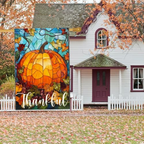 Thankful Thanksgiving Garden Flag, Fall Garden Flags for Outdoor Decor 28x40 Inch Autumn Stained Glass Pumpkin Maple Leaf Double Sided Small Burlap Outside Porch Lawn Yard Decorative Flags - Image 5