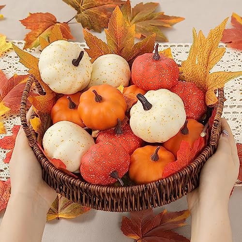 16PCS Realistic Mini Pumpkin Decor,Fall Decor with Pumpkins Maple Leaves, Artificial Pumpkin Decor for Autumn Filler, Realistic Pumpkin Decorations for Halloween Thanksgiving Fall Home Decor - Image 4
