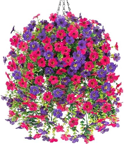 HyeFlora Artificial Hanging Flowers Basket for Outdoor, Fake Flowers Faux Plants Look Real for Yard Gardens Porch Patio Home (Darkpurple+Hotpink) by HyeFloraartificialflowers