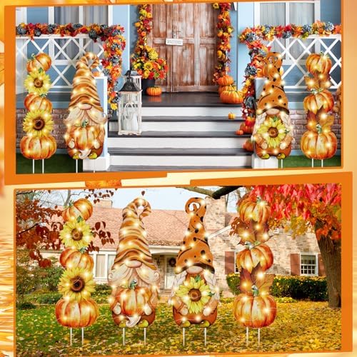 4 Pcs Fall Outdoor Decorations Metal Pumpkin Gnome Yard Sign with LED - Image 6