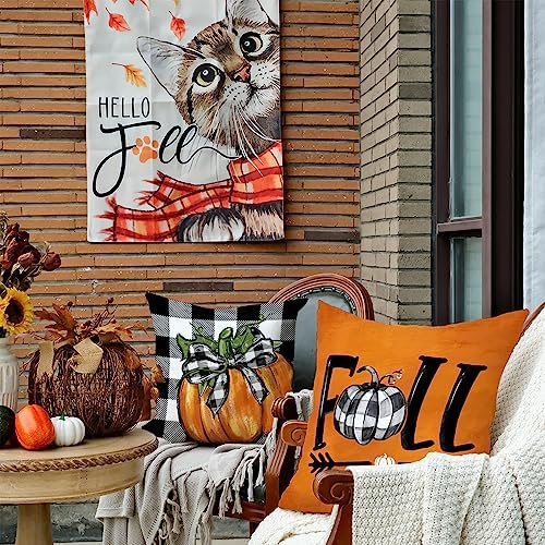 GEEORY Fall Decorative Throw Pillow Covers 16 x 16 Inch Set of 4, Pumpkins Thankful Blessed Buffalo Plaid Fall Decor Outdoor Farmhouse Pillow Cases for Home Couch (Orange Color) G337-16 - Image 5
