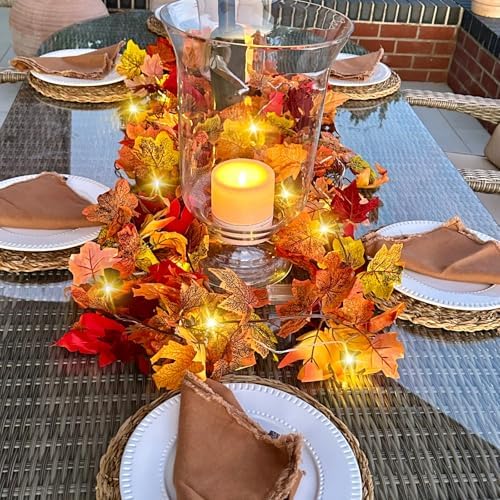 CQURE 8 Pack Fall Leaf Garland with Lights,Fall Decor Halloween Lights Artificial Maple Leaves Autumn Garland Hanging Vines Thanksgiving Decor for Home Christmas Autumn - Image 5