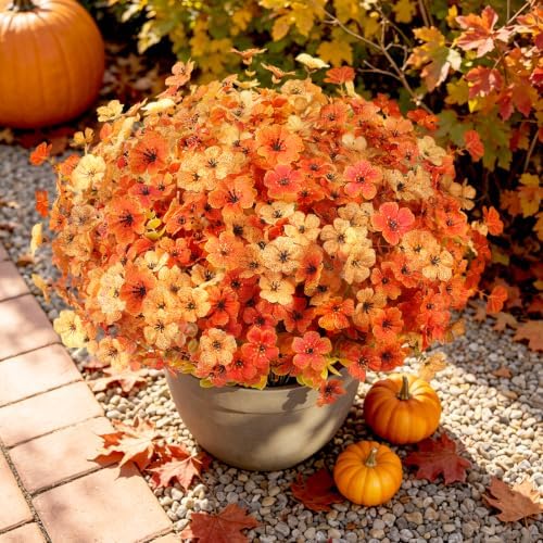 AmyHomie 16 PCS Artificial Fall Flowers for Outdoors, Orange Fake Mums - Image 2