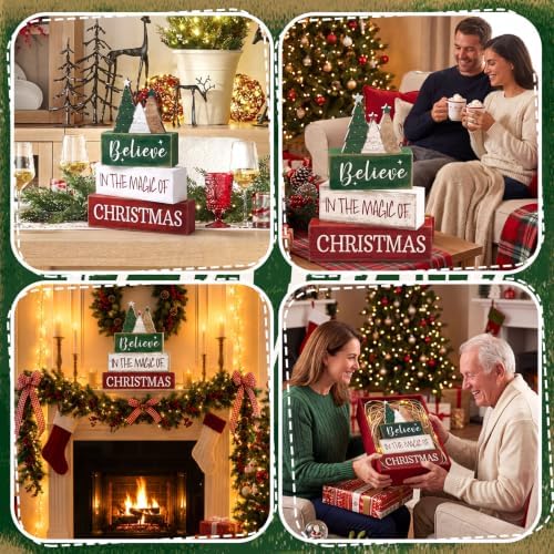 Moucuny 4 Pcs Christmas Table Decorations Rustic Christmas Tree Stacked Wooden Sign Decor Red Green and White Winter Tiered Tray Decor Xmas Table Centerpiece Farmhouse for Home Kitchen Shelf - Image 5