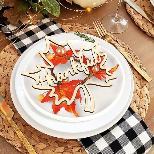 12 Pcs Thanksgiving Maple Leaf Pumpkin Wooden Plate Decor Grateful Wood Cutouts Fall Autumn Thankful Blessed Favour Gather Party Place Card Table Settings Signs for Farmhouse Dining Table - Image 7