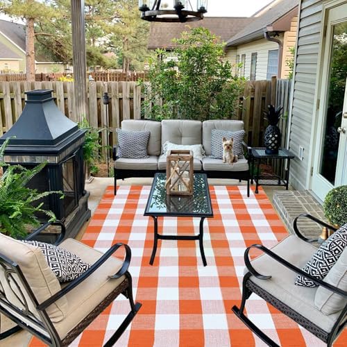 Fall Outdoor Rug Orange Buffalo Plaid Outdoor Rug Cotton Hand-Woven Buffalo Check Rug Layered Doormats for Front Door/Front Porch/Farmhouse/Entryway/Patio - Image 5