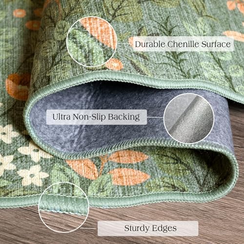 Sage Green Floral Entry Rug - 3x5 Ft Washable Indoor Outdoor Mats for Front Door Non-Slip Porch Rug Non-Slip Boho Throw Rugs for Living Room Bedroom Entryway Kitchen Office Porch Decor - Image 2