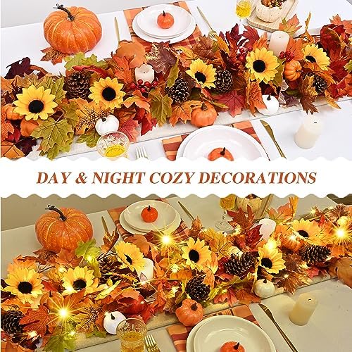 Waipfaru Fall Garland with Lights - 5.7 Ft Lighted Autumn Sunflower Garland - Image 3