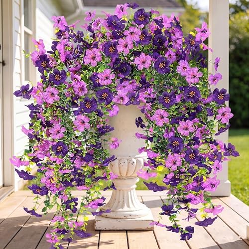 Artificial Fake Hanging Flowers Plants for Outdoor Outside Spring Summer Decoration 2PCS Faux Silk UV Resistant Realistic Mums Daisy with Eucalyptus for Home Porch Patio Balcony(Purple & Magenta) by Sggvecsy
