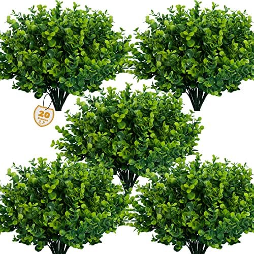 Lnoicy Artificial Greenery Plants Outdoor UV Resistant Fake Plants Boxwood Shrubs Grass,20 Bundles for Farmhouse Home Garden Office Patio Backyard Wedding and Indoor Outdoor Decoration by Lnoicy