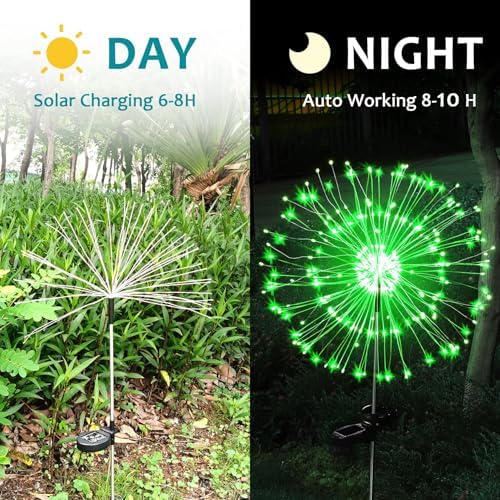 JJGoo Solar Firework Lights, 2 Pack 150 LEDs 2 Lighting Modes Solar Lights Outdoor Waterproof for Garden Patio Walkway Pathway Party Wedding Christmas Decorative - Green - Image 4