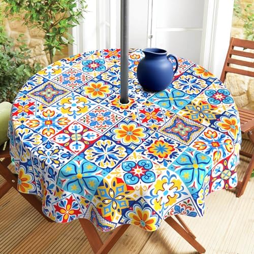 Outdoor Tablecloth with Umbrella Hole and Zipper, Round Patio Table Covers for Spring/Summer, Machine Washable Outdoor Picnic Table Cloth (Talavera, 60" Round) by Virtumob