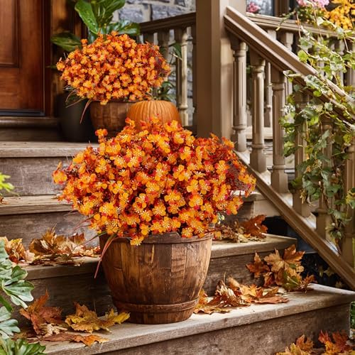 AXYLEX Artificial Fall Flowers Outdoor Fake Mums (Orange, 12 Bundles) - Image 5